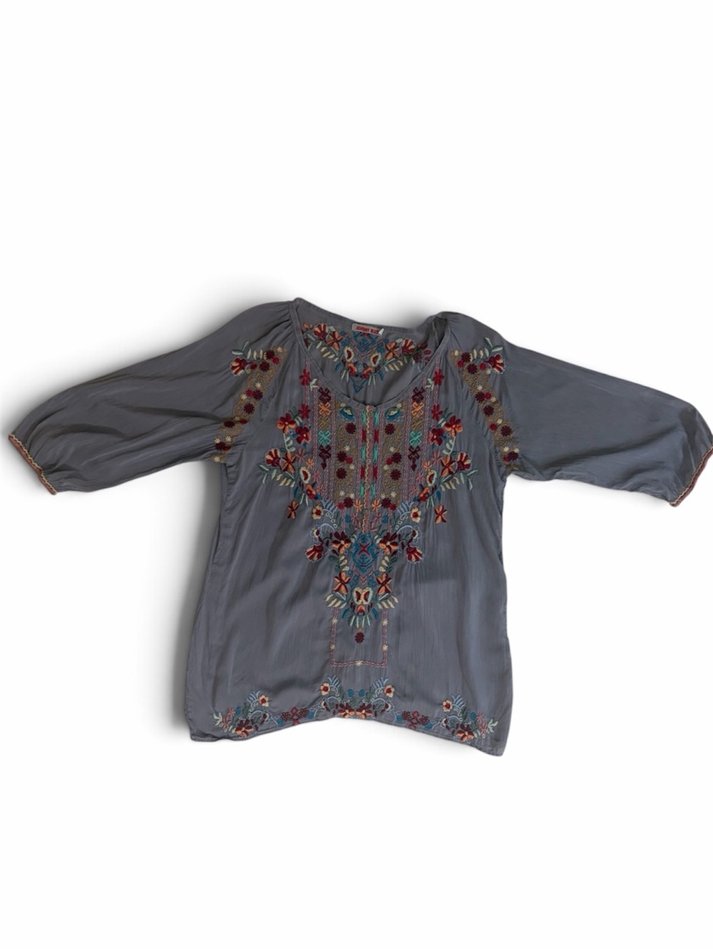 Johnny Was Dolora Embroidered Boho Peasant Top - Blue Gray Size L